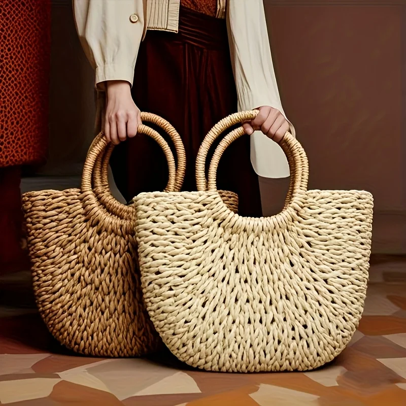 Hand-Woven Tote Bag Hand-Woven Straw Bag Suitable for Summer Beach Travel for Women's Travel Holiday Beach Tote Bag