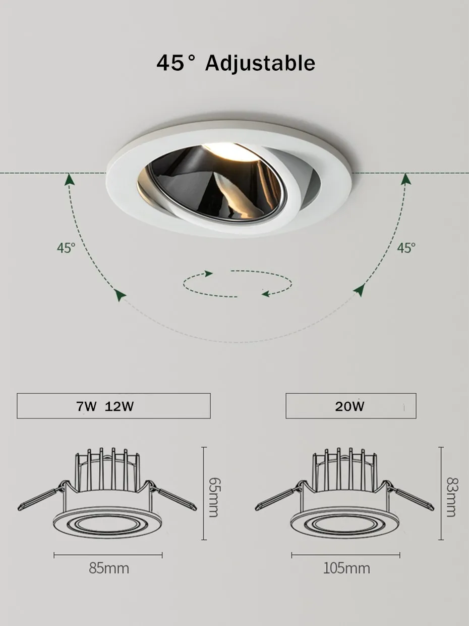 [DBF]2020 New Anti-glare LED Recessed Downlight Dimmable 7W 12W LED Ceiling Spot Light 3000K/4000K/6000K Angle Adjust Spot Lamp outdoor downlights