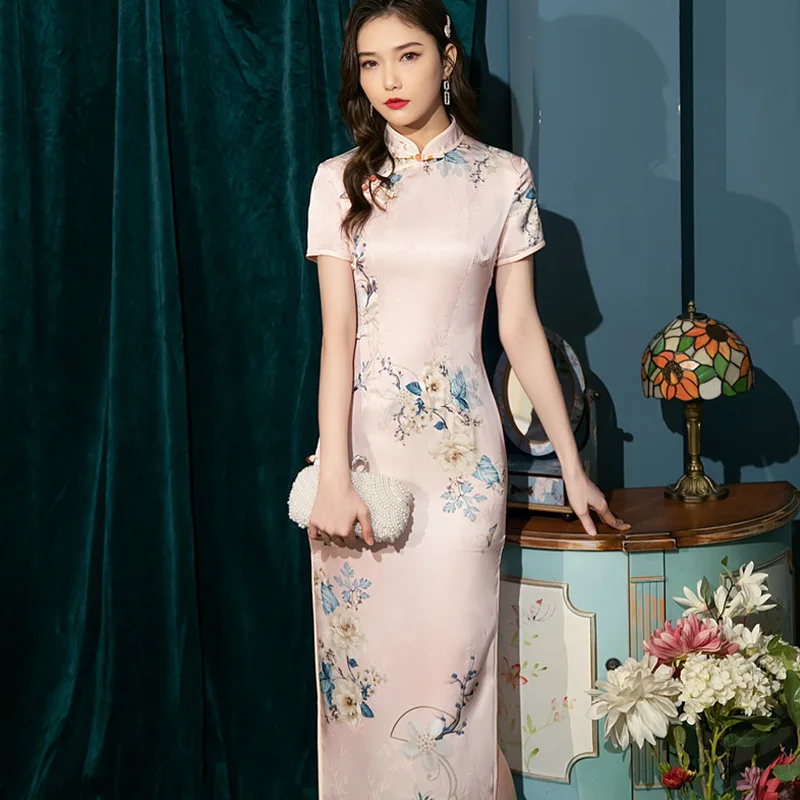 

Chinese Traditional Rose Satin Wedding Qipao Woman Elegant Split Dress Female Floral Bodycon Cheongsam S-4XL