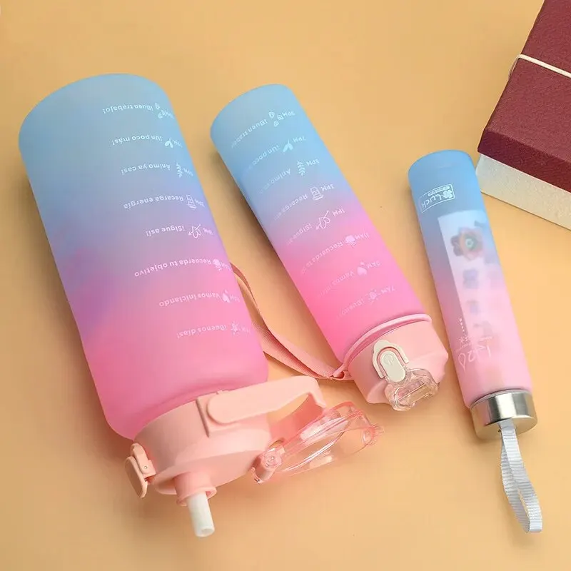 Gradient Colour Water Cup Large Capacity Straw Frosted Cup Outdoor Sports Water Three-piece Set(300ml+900ml+2000ml)