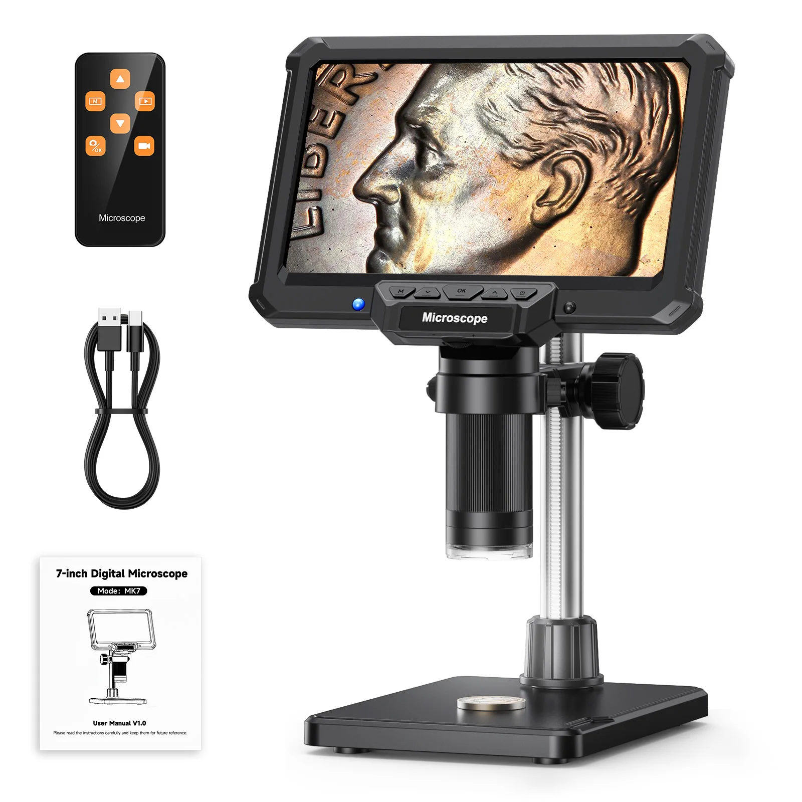7inch Digital Microscope with Lights Electronic Repair Microscope for Coins, Pla