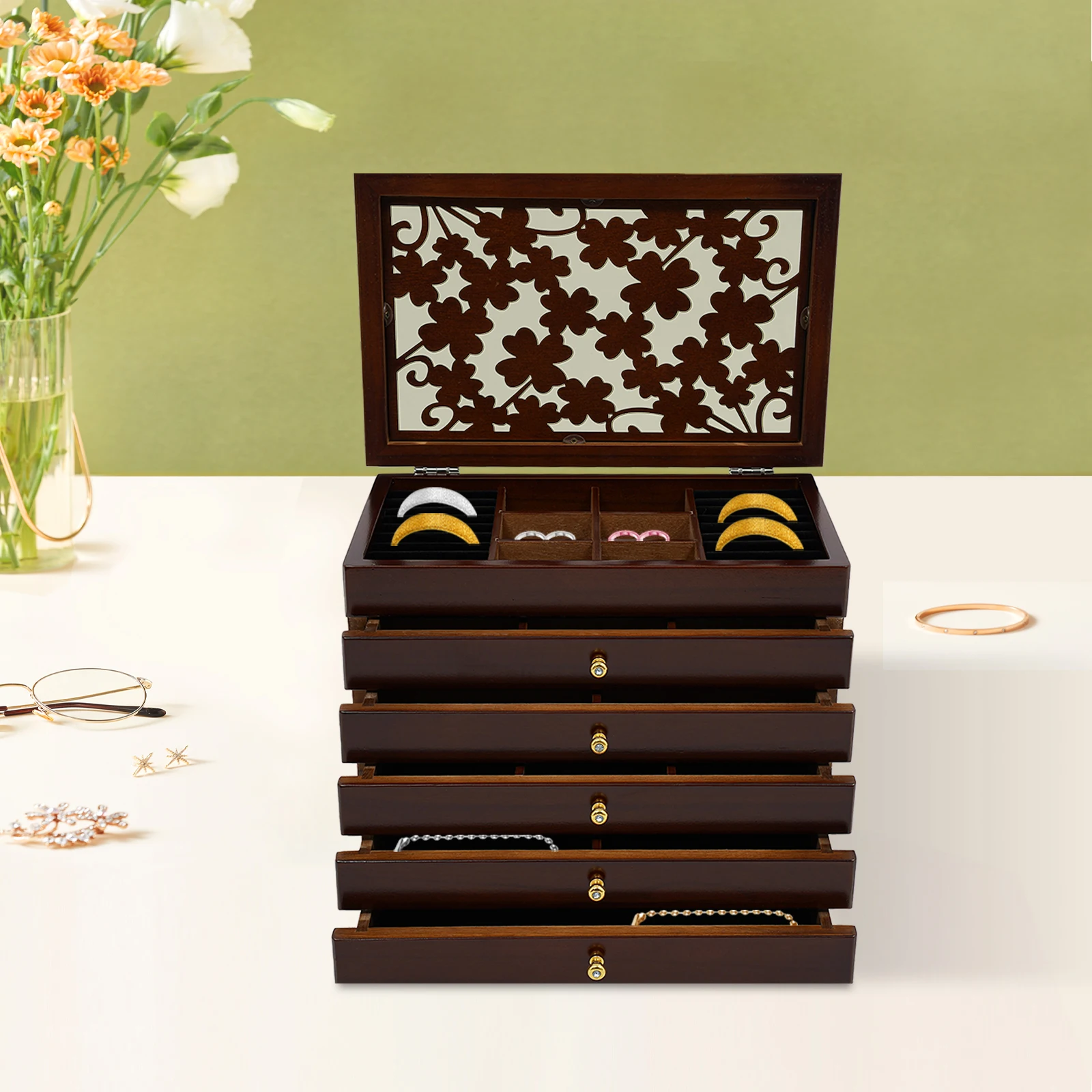  Rustic Wooden Jewelry Box 6 Layer Large-Capacity Jewelry Organizer for Earrings Ring Necklace Storage, Birthday Gift