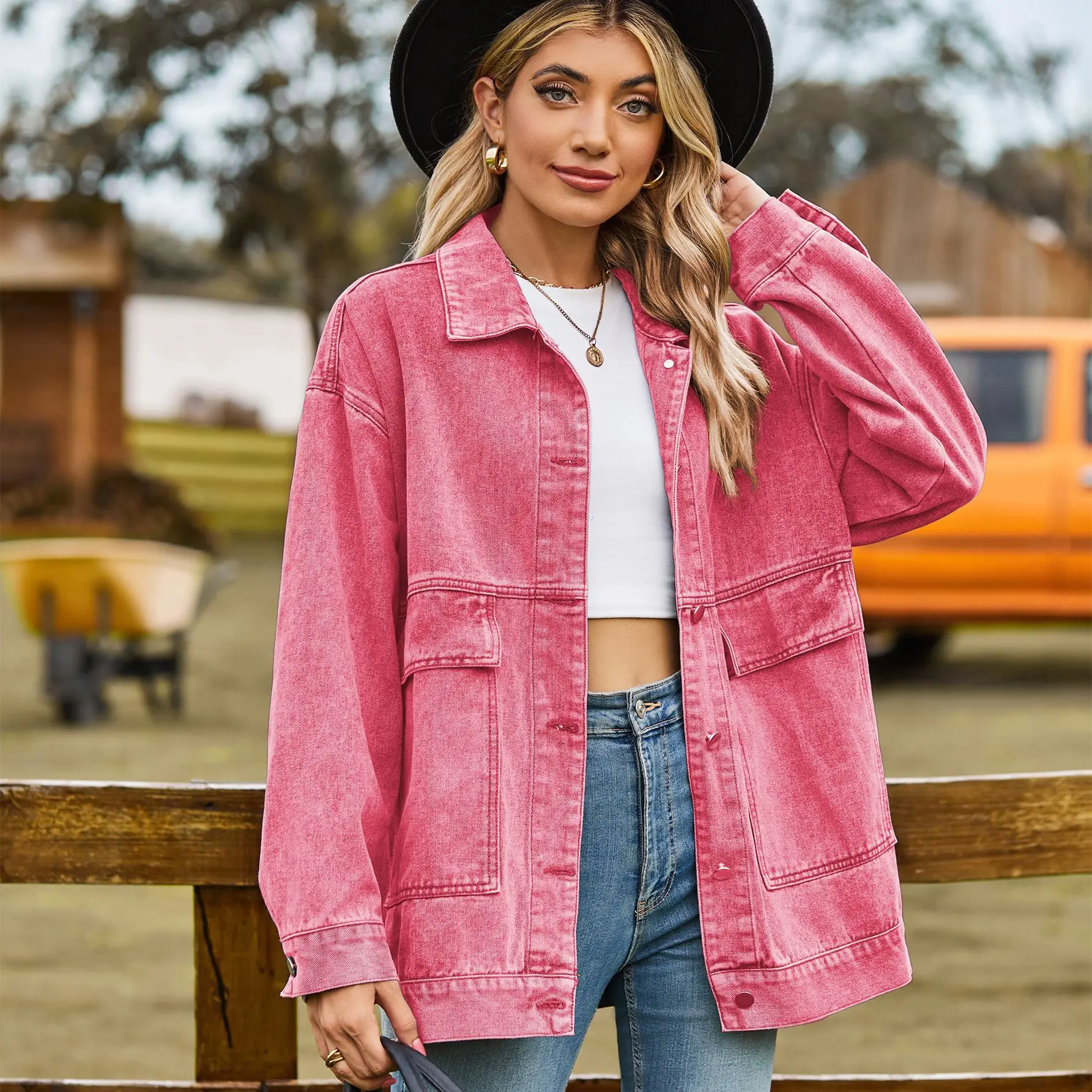 Spring Autumn Women Coat Denim Jacket Hot Sale Harajuku Big Pockets Vintage Streetwear Student Turn-down Collar Casual Loose