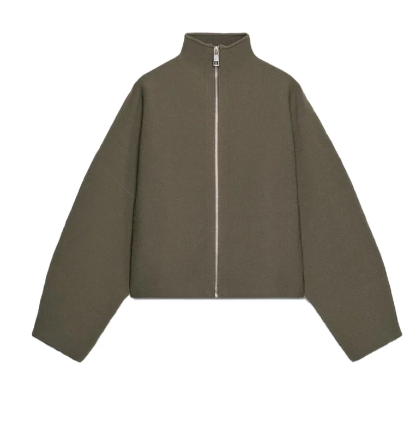 Vintage gola feminina recortada jaqueta com zíper solto manga cheia grosso casaco quente 2025 outono inverno senhora novo em outwear
