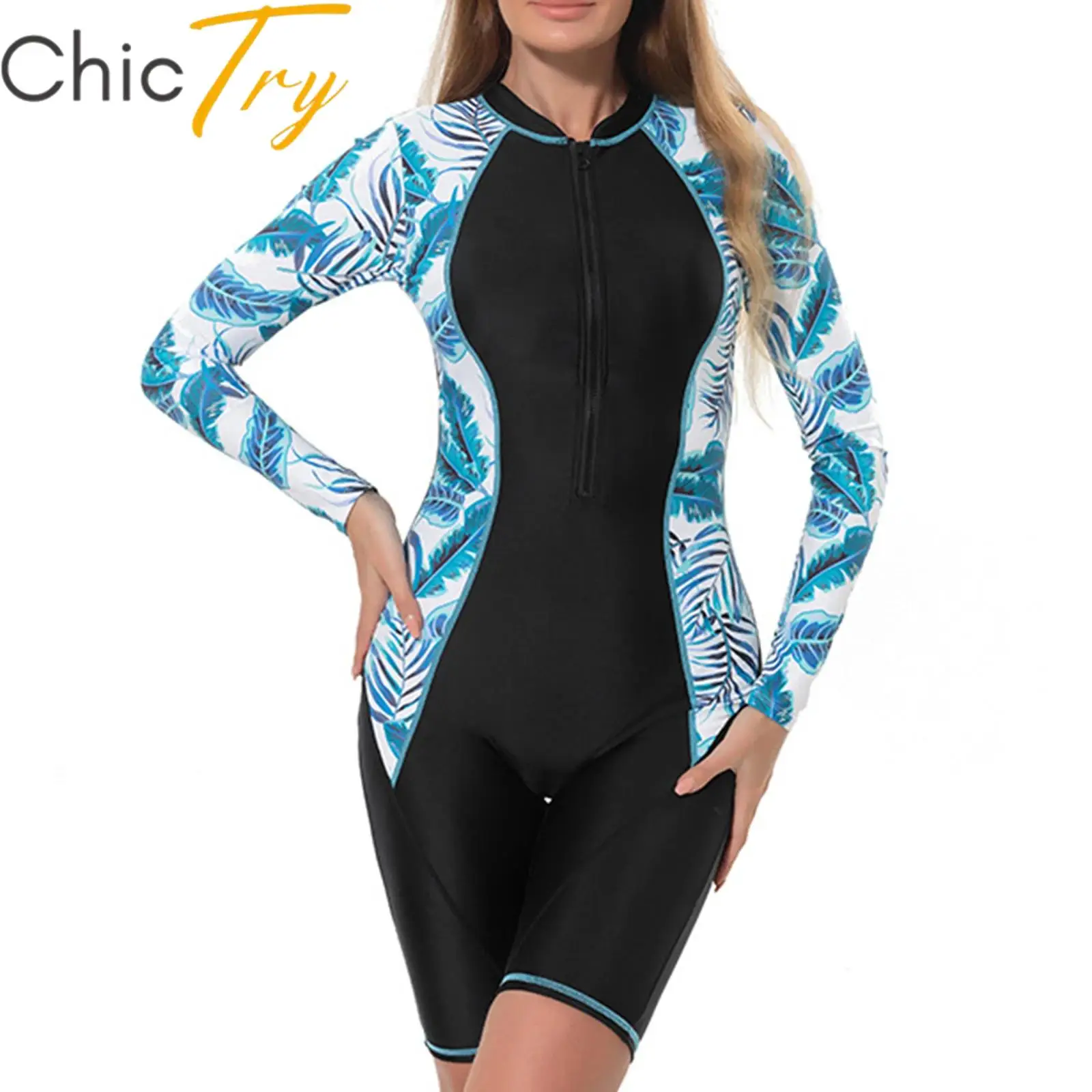 

Womens Athletic One Piece Swimsuit Long Sleeve Padded Swimwear Beachwear Boyleg Surfing Wetsuit Bathing Suit UPF50 Rashguard