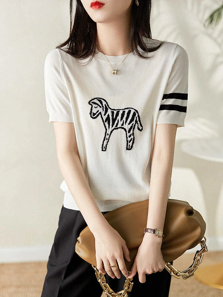 

White Tshirts Short Sleeve Top Women Horse Jacquard Knitted T Shirt Casual Tee Shirt Femme Poleras Mujer Camisetas