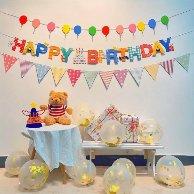 Vibrant Cartoon Themed Birthday Party Banner Decoration Including Multicolor Bunting and Scene Props for Festive Celebrations