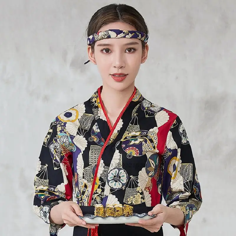 

2024 japan chef uniform sushi restaurant kitchen waiter workwear female chef's jacket japanese food store print cook clothing