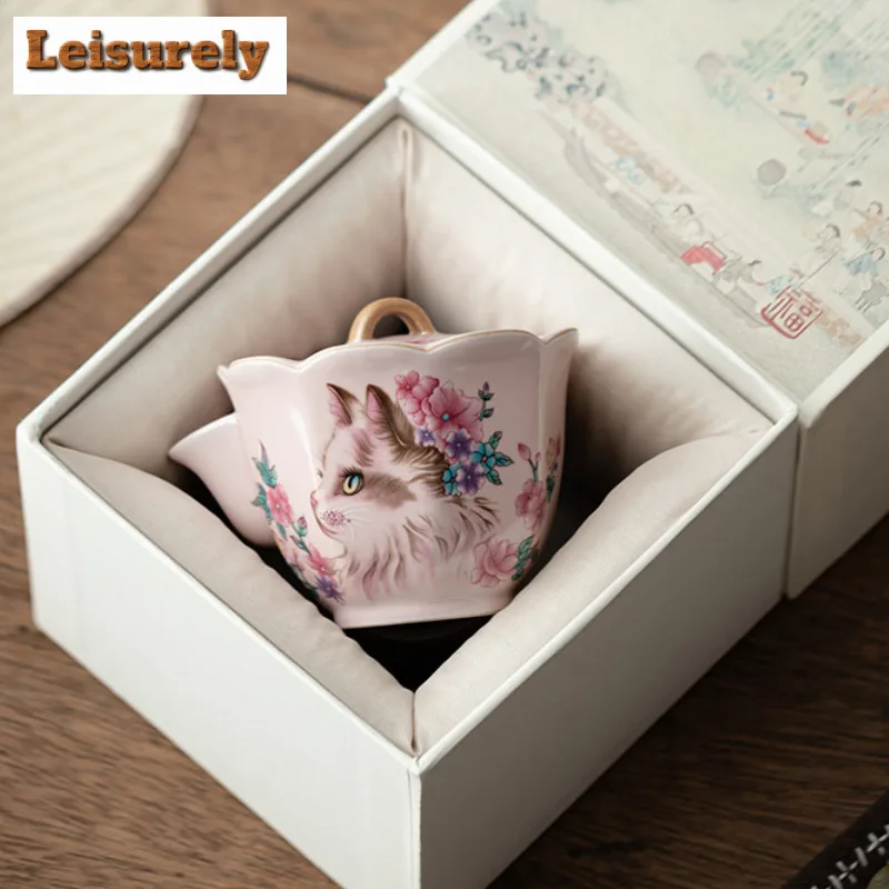 Pink Ru Kiln Flower Cat Teapot Retro Tea Infuser Pot Tea Maker Kettle With Filter Chinese Tea Cha Supplies Collection Teaware