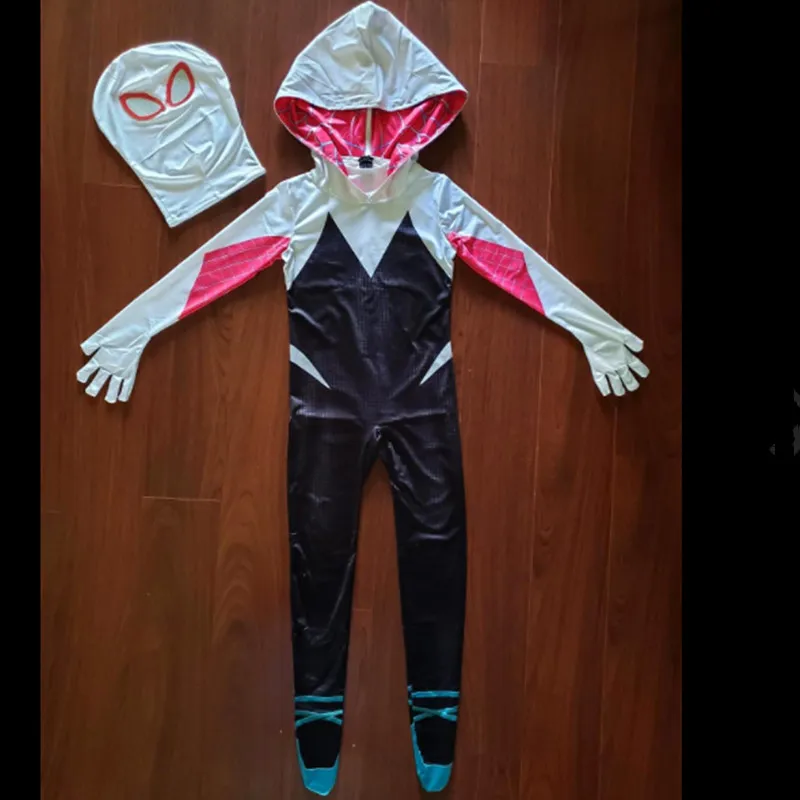 Girls Gwen Superhero Bodysuit Kids Black Costume Halloween Cosplay Jumpsuit Kids Purple Cape Dress Up Masks