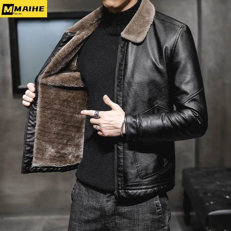 2023 Men's Leather Jacket Thickened Plush Winter Business Casual Slim Fit Square Collar Pu Leather Jacket Fashionable Retro Coat