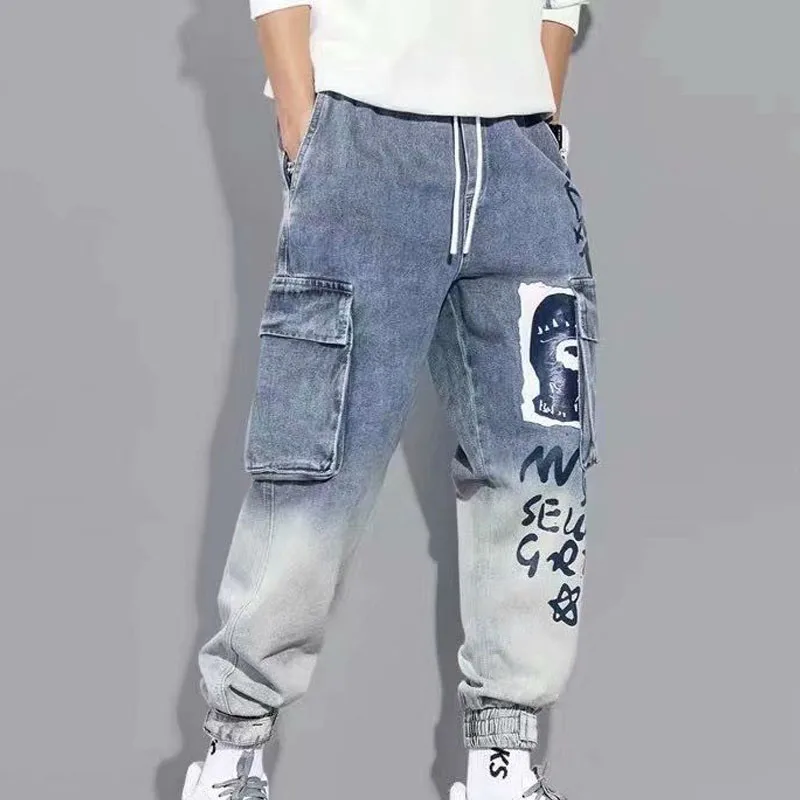 New Autumn and Winter Fashion Brand Men's Workwear Denim Graffiti High Street Loose Large Versatile Strap Harlan Casual Pants