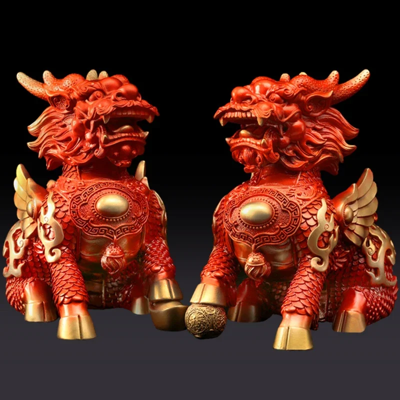 1Pair Lucky Red  Fire Kirin Copper Unicorn Ornaments Company Office Home Living Room Decor Crafts Statue Sculpture