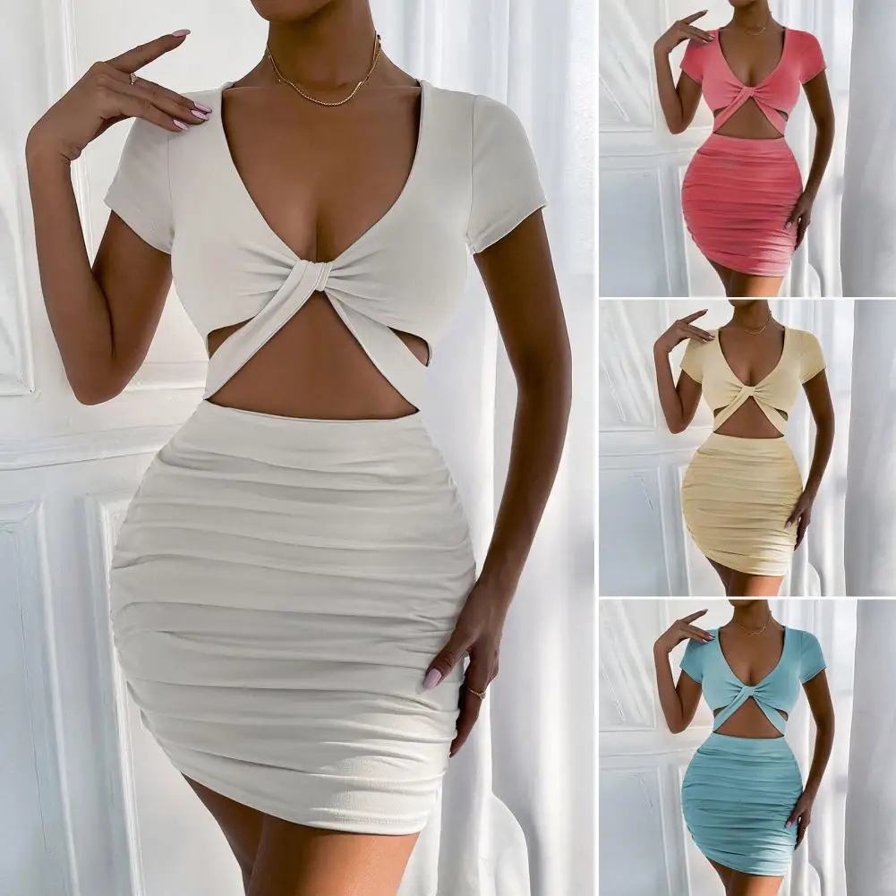 

Summer Women's Pleated Skinny Short Sleeves Sexy V-neck Open Waist Hollow Wrapped Hip Mini Dress Nightclub Party Bodycon Dress