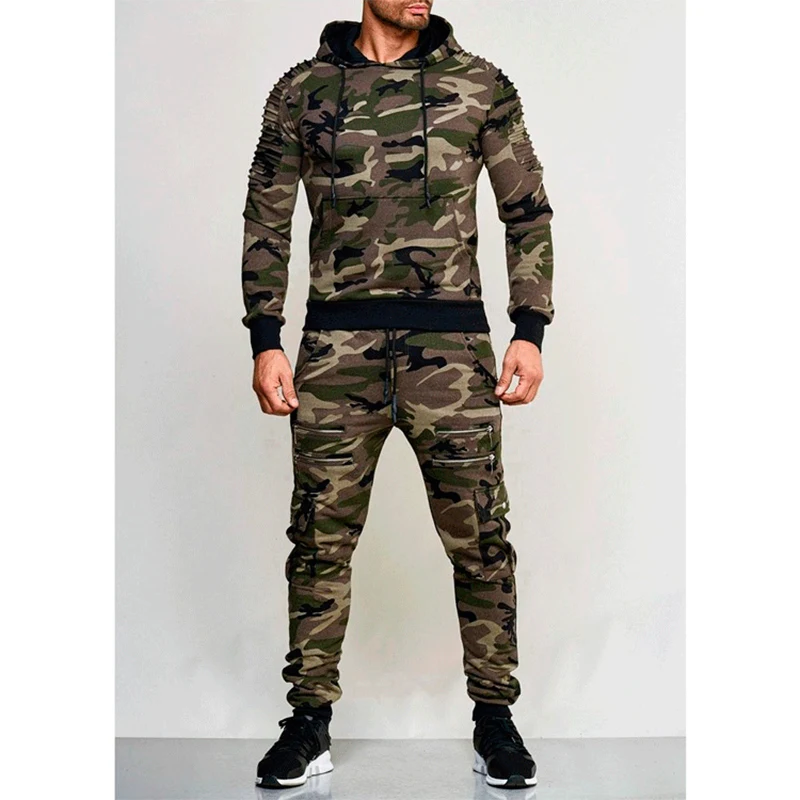 Autumn Winter Male Loose Casual Camouflage Printing Hoodies Elastic Waist Pants Set Men Zipperhooded Sweatshirt Sweatpants Suit