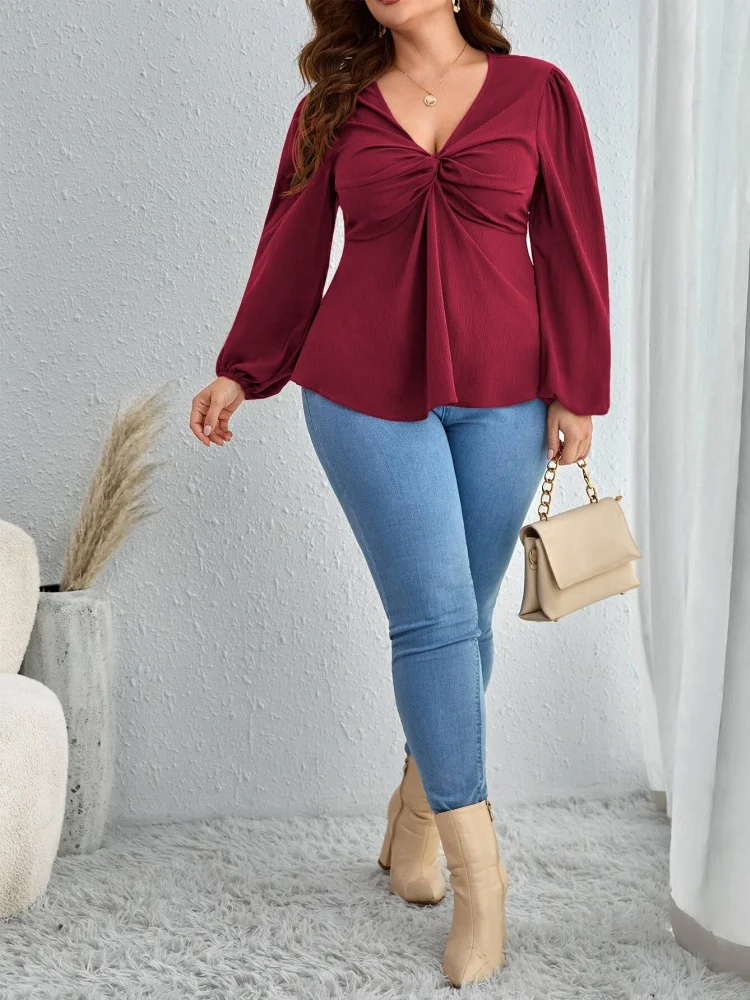 Wmstar T Shirt Women Wholesale Plus Size Wear V Neck with Mature Ladylike Autumn Winter Fashionable Youthful Wine Red Top