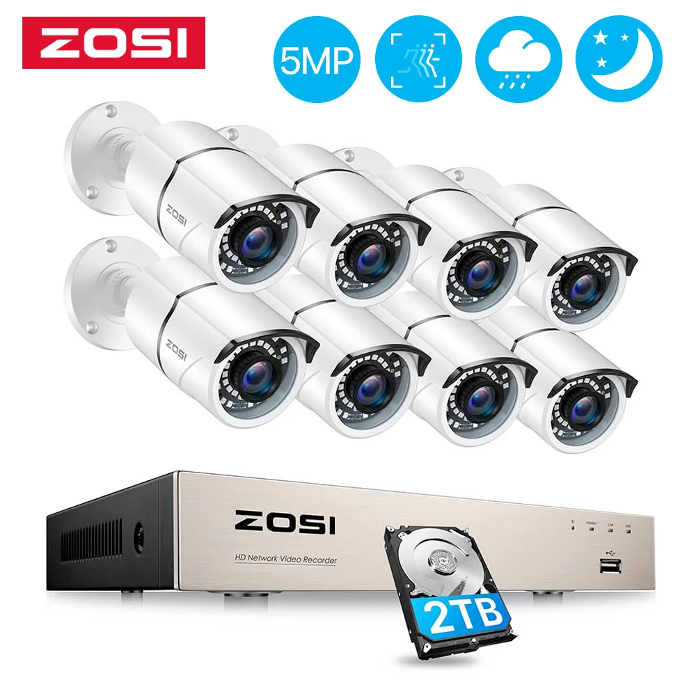 ZOSI H.265+ 8CH 5MP POE Security Camera System Kit 8 x 5MP HD IP Camera Outdoor Waterproof CCTV Home Video Surveillance NVR Set