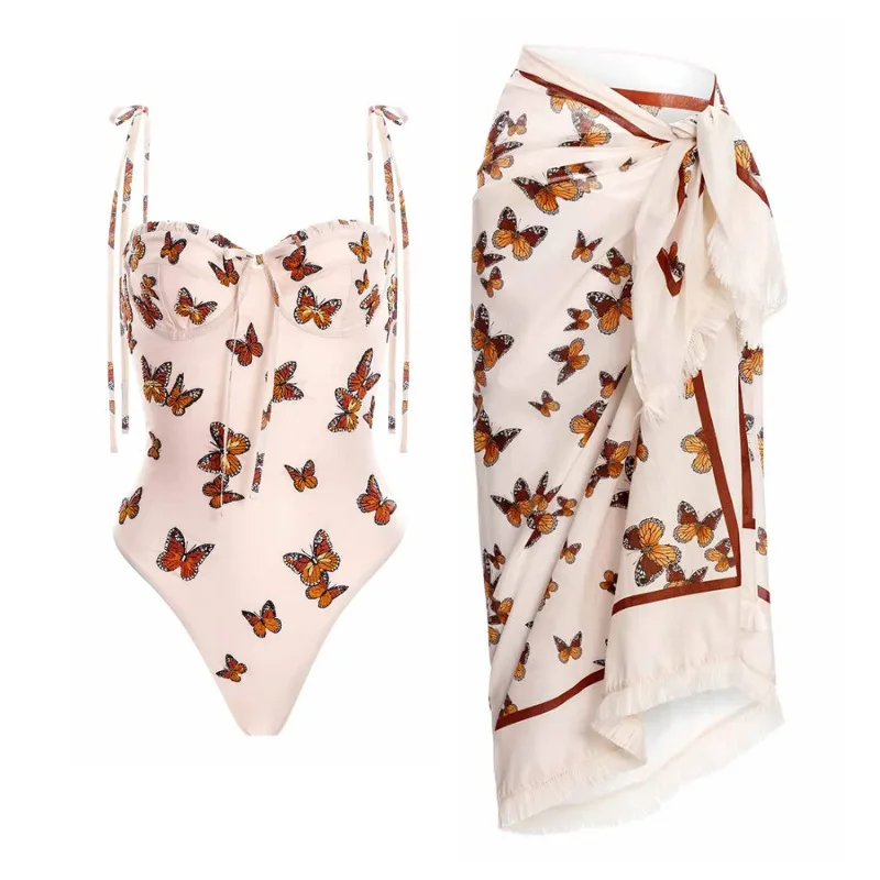 Women's New Butterfly Print One-piece Swimsuit Suit Vintage Deep V Swimwear One-Piece Swimsuits Cover Up Beachwear Bathing Suit