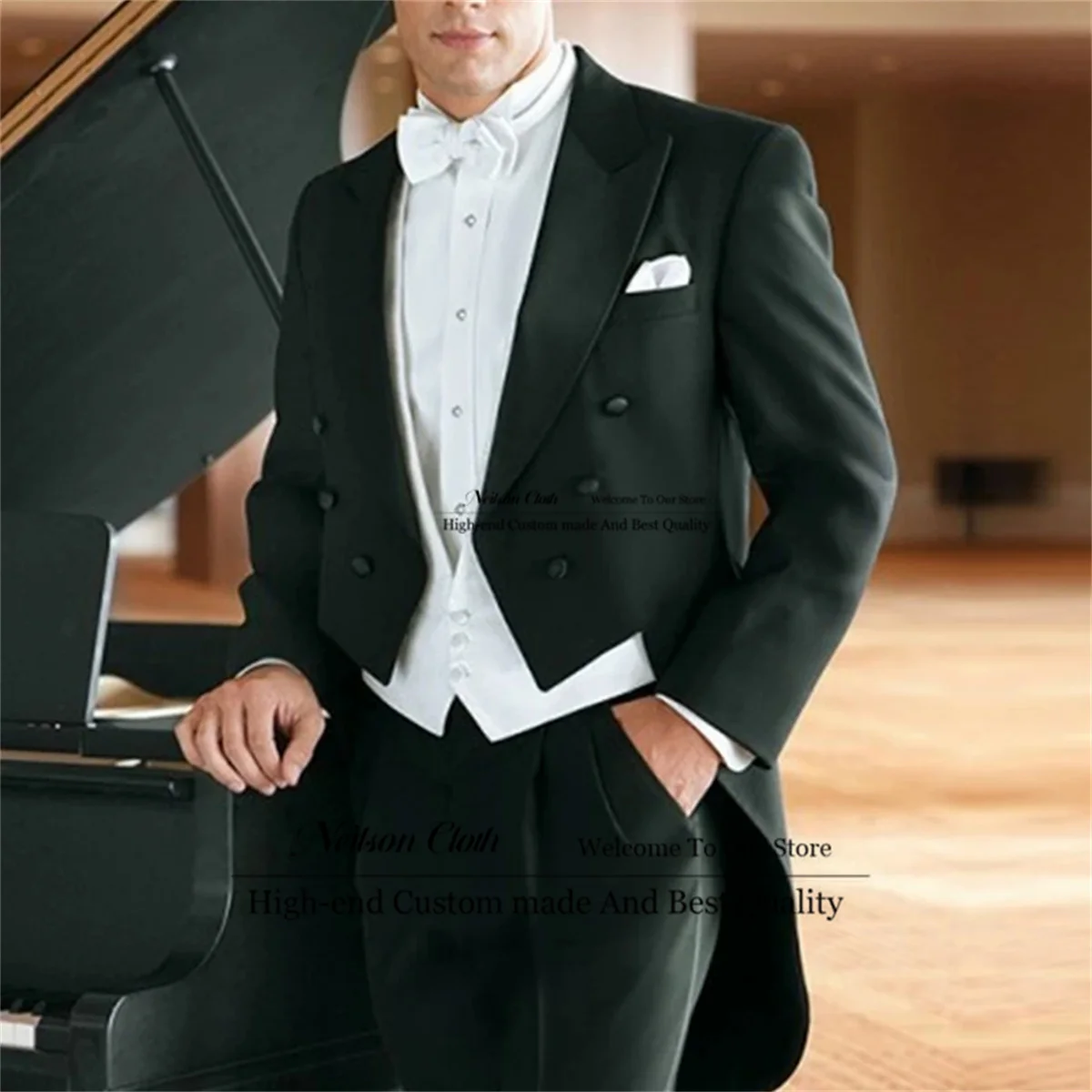 

Formal Black Tail Coat Men Suits Peak Lapel Groom Wedding Tuxedos 3 Pcs With White Vest Male Prom Blazers Slim Fit Costume Homme