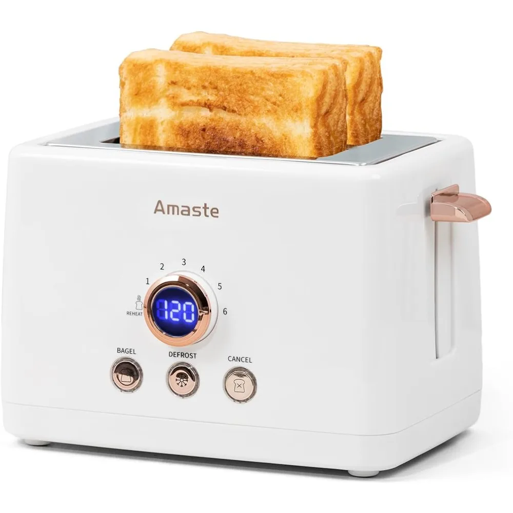 

2 Slice Toaster, Retro Bread Toaster with LED Digital Countdown Timer, Extra Wide Slots Toasters with 6 Shade Settings, White