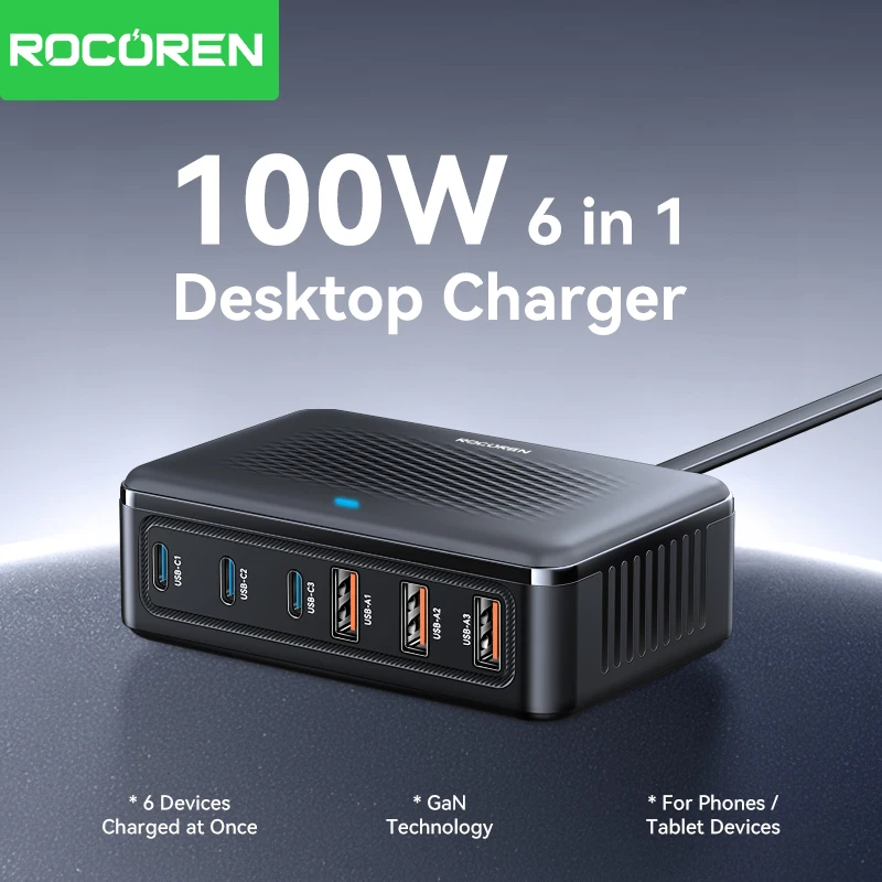 Rocoren USB Charger 100W GaN Charger 6-ports Desktop Fast Charging Type C Charger Portable Power Station For iPhone Xiaomi POCO Best Sellers In Phones Accessories