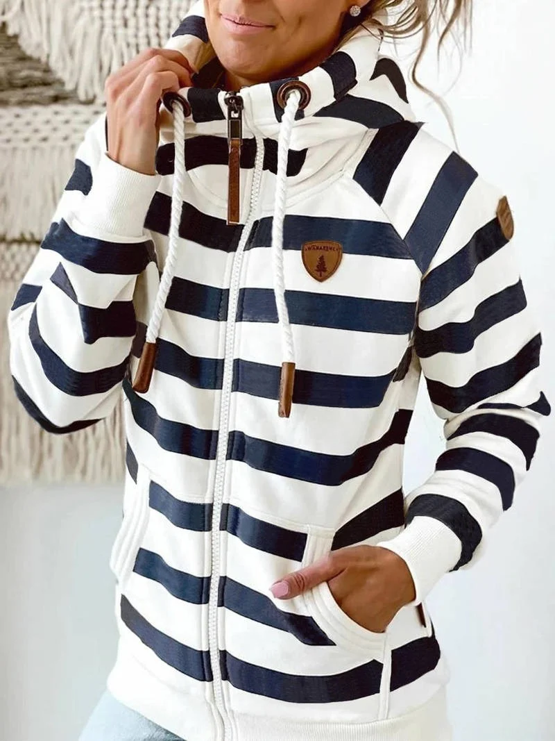 2023 Women Long Sleeve Hoodie Stripe Women Sweatshirt Clothes New Hoodies Pocket Zipper Hoodies Tops Female Spring Thick Outwear