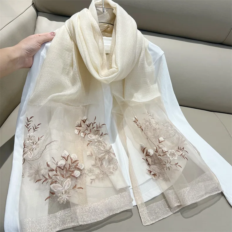 Silk Scarves White Embroidered Scarf Large Silk Wool Scarf Fashon