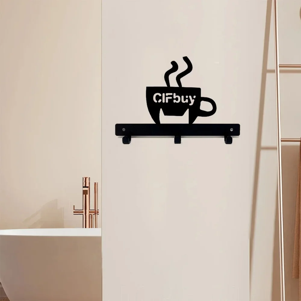 1pc Metal Key Holder Hooks Organizer Rack Wall Mounted Decor Metal Coffee Cup Rack with Coffee Sign for Bar Kitchen Organizer 6