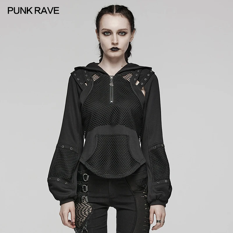 

PUNK RAVE Women's Punk Mesh Patchwork Sweatshirt Fake Two Piece Vest Design Daily Loose Hoodie Tops Spring Autumn Women Clothes