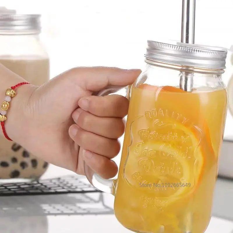 1PC Mason Jar Mugs with Handles Old Fashioned Glass Bottle Juice Drink Clear Glass Water Bottle With Cover Straw Drinkware Cup