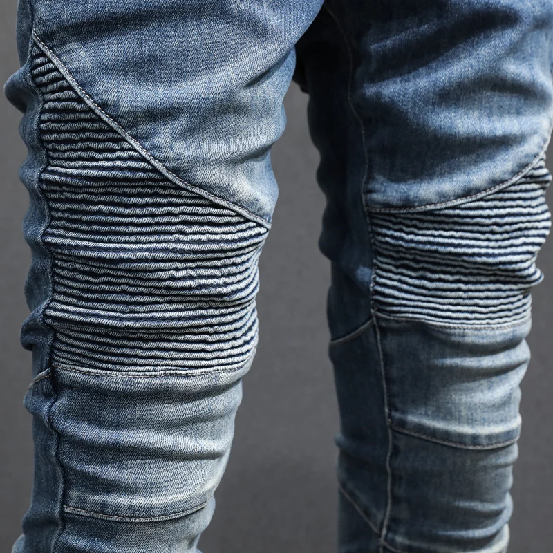High Street Fashion Men Jeans Retro Blue Elastic Skinny Fit Spliced Biker Jeans Men Bottom Zipper Designer Patched Hip Hop Pants
