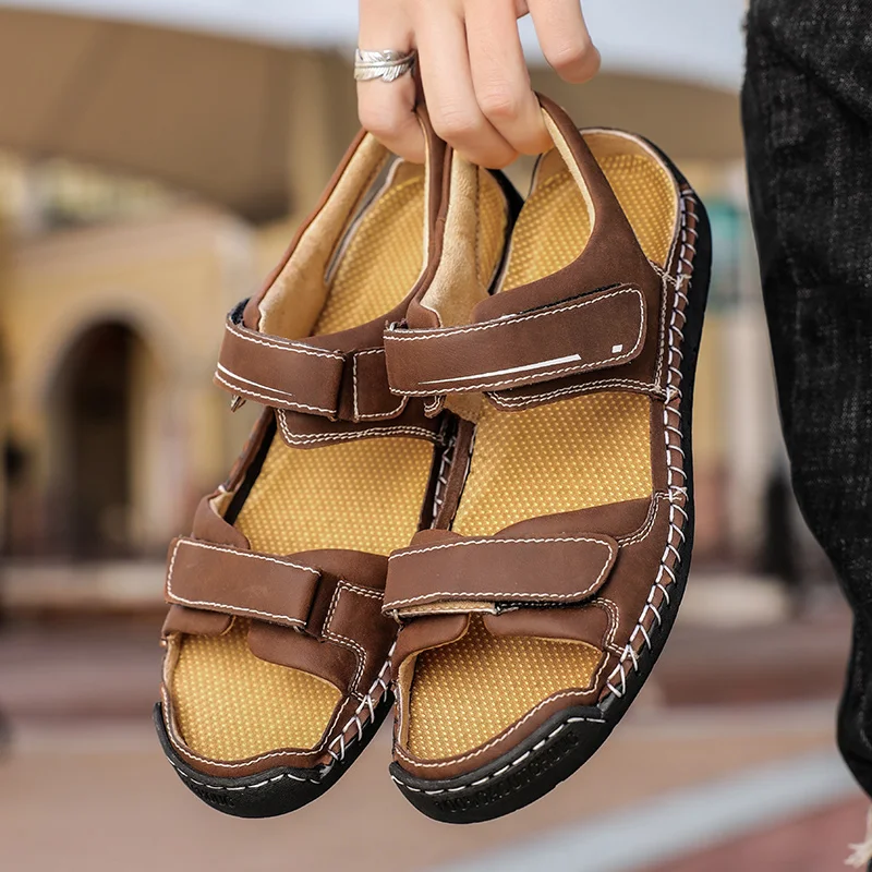 Sandálias gladiadoras masculinas de verão Roma ao ar livre plataforma de couro clássico moda antiderrapante caminhadas sapatos de praia tamanho 38-48_voghion.com