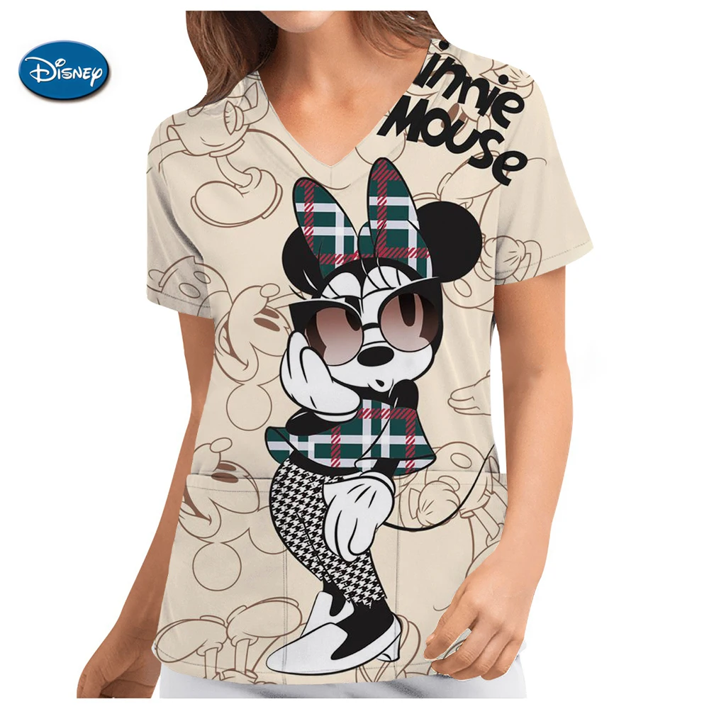 Lilo & Stitch Disney Summer Pocket Nuevas camisetas para mujer Camiseta de uniforme de enfermera de hospital Y2k Ropa de cuello en V Uniforme Cuello de bolsillo Y2k