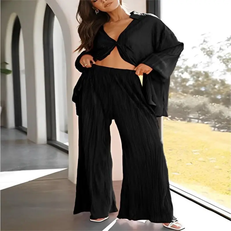 

Women's High Waist Wide Leg Pants Set, Pleated Single Breasted Top, Monochromatic, Home Furnishing, Spring, Summer