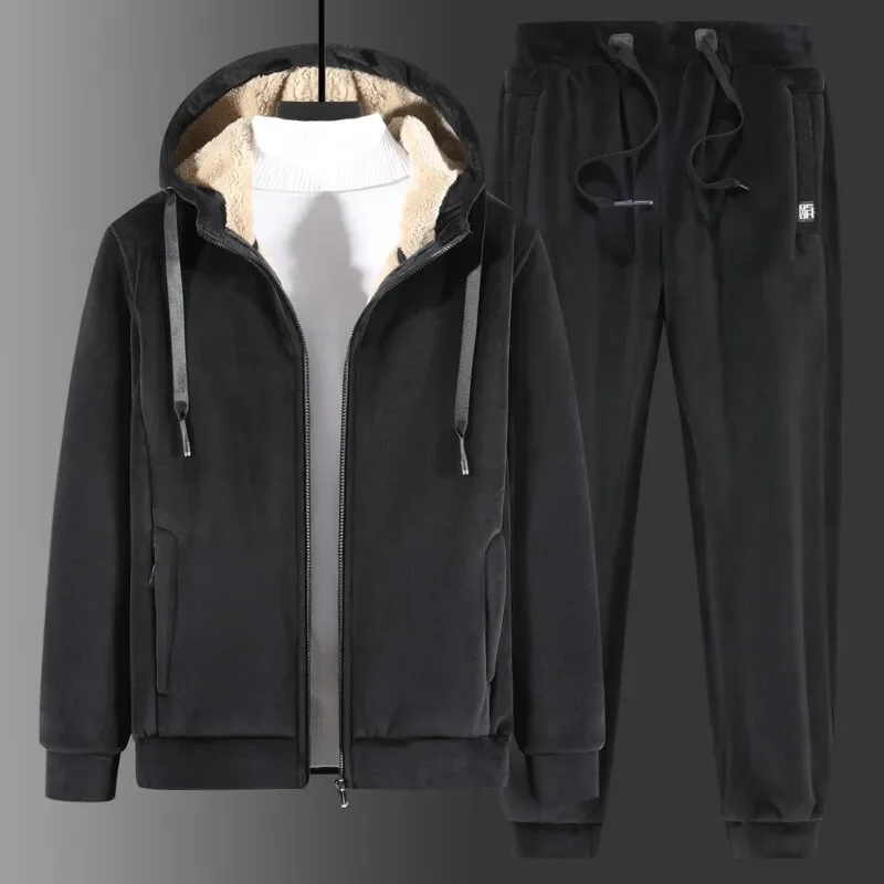 Conjuntos de chándal de cachemira para hombre, sudadera gruesa con capucha de polar, conjuntos de chándal casuales de marca, conjuntos de chaqueta + pantalón para hombre, sudadera de invierno de piel