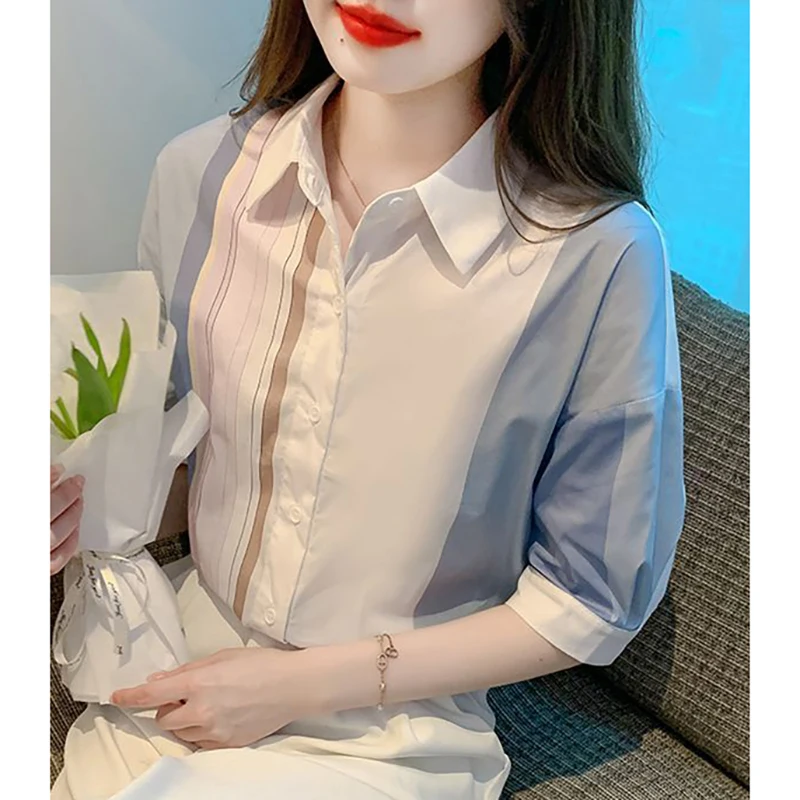 Sweet Lapel Button Printed Asymmetrical Striped Shirts Female Clothing 2024 Summer New Loose Casual Tops All-match Blouses