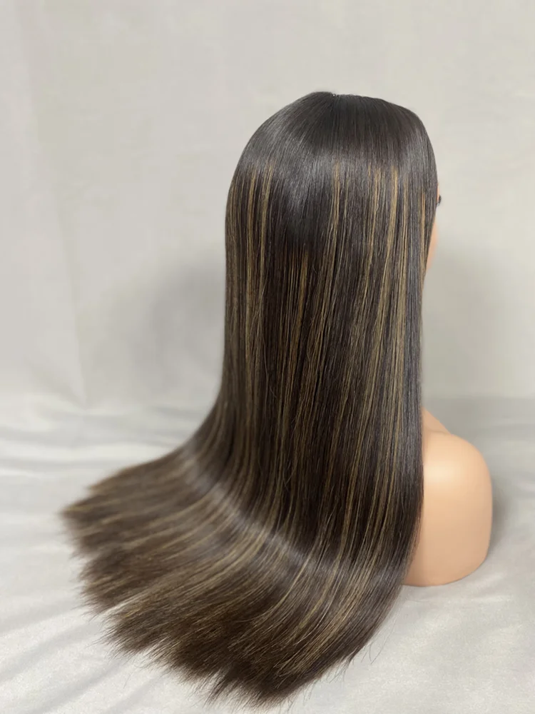 Lovely natural black color hair with highlights for virgin human hair silk base cap long and full density jewish wig