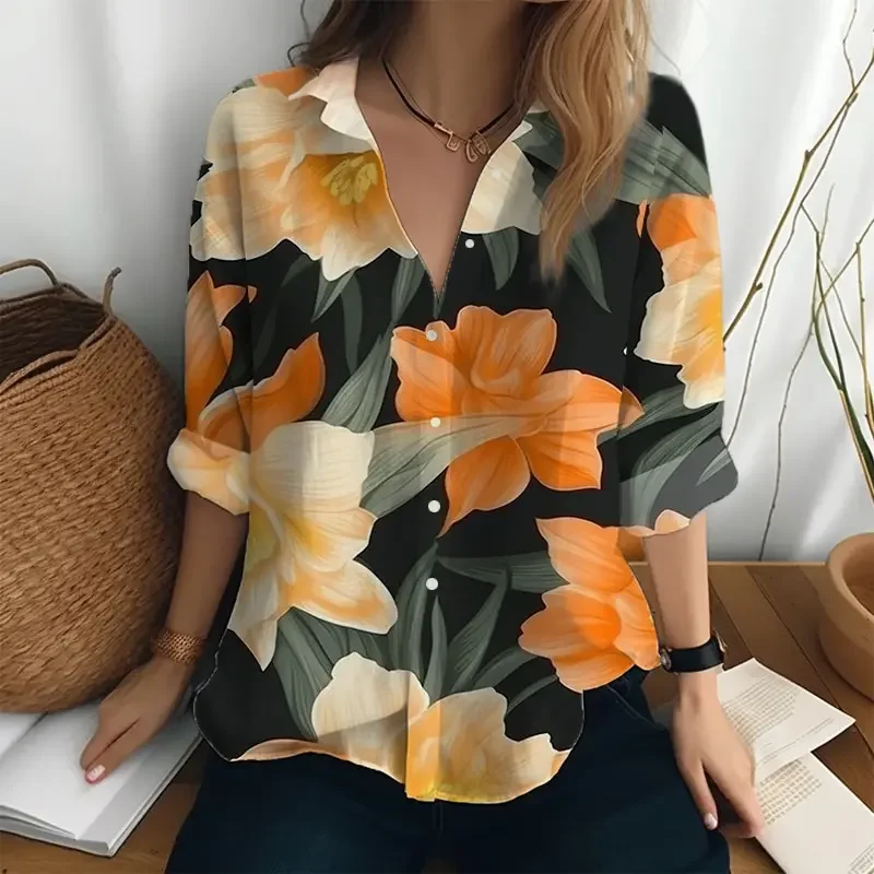

New Temperament Elegant Shirt Tops Flower 3D Printed Shirt Spring Autumn Casual Long-sleeved Shirt Daily Commute Shirt