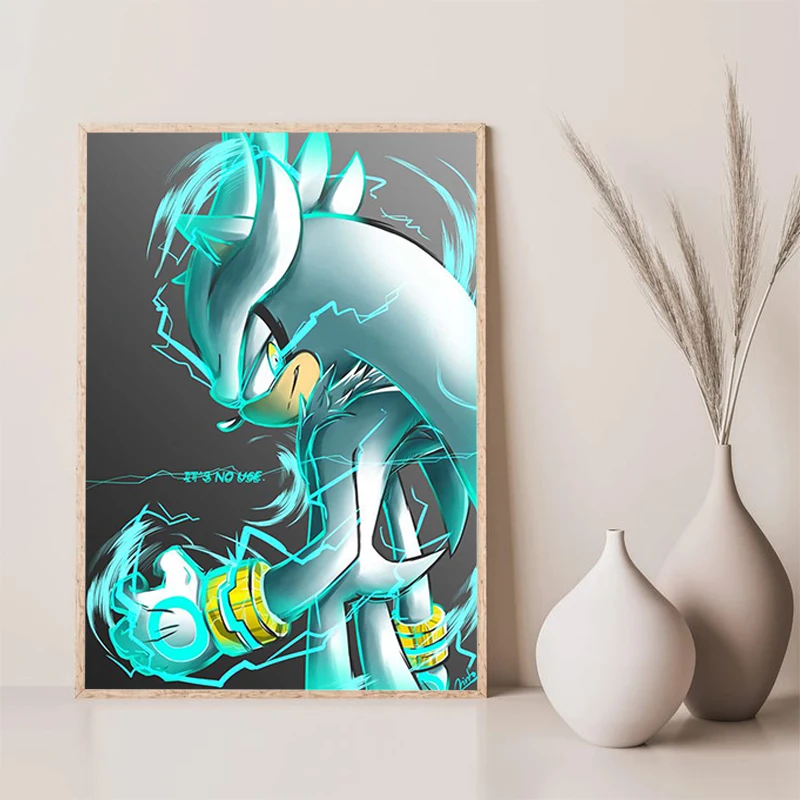 thumbnail image 1 of Pósteres de decoración de sala de juegos S-Sonic H-Hedgehog para decoración de paredes, pintura artística sobre lienzo, pósteres personalizados para el hogar, 1 of 5