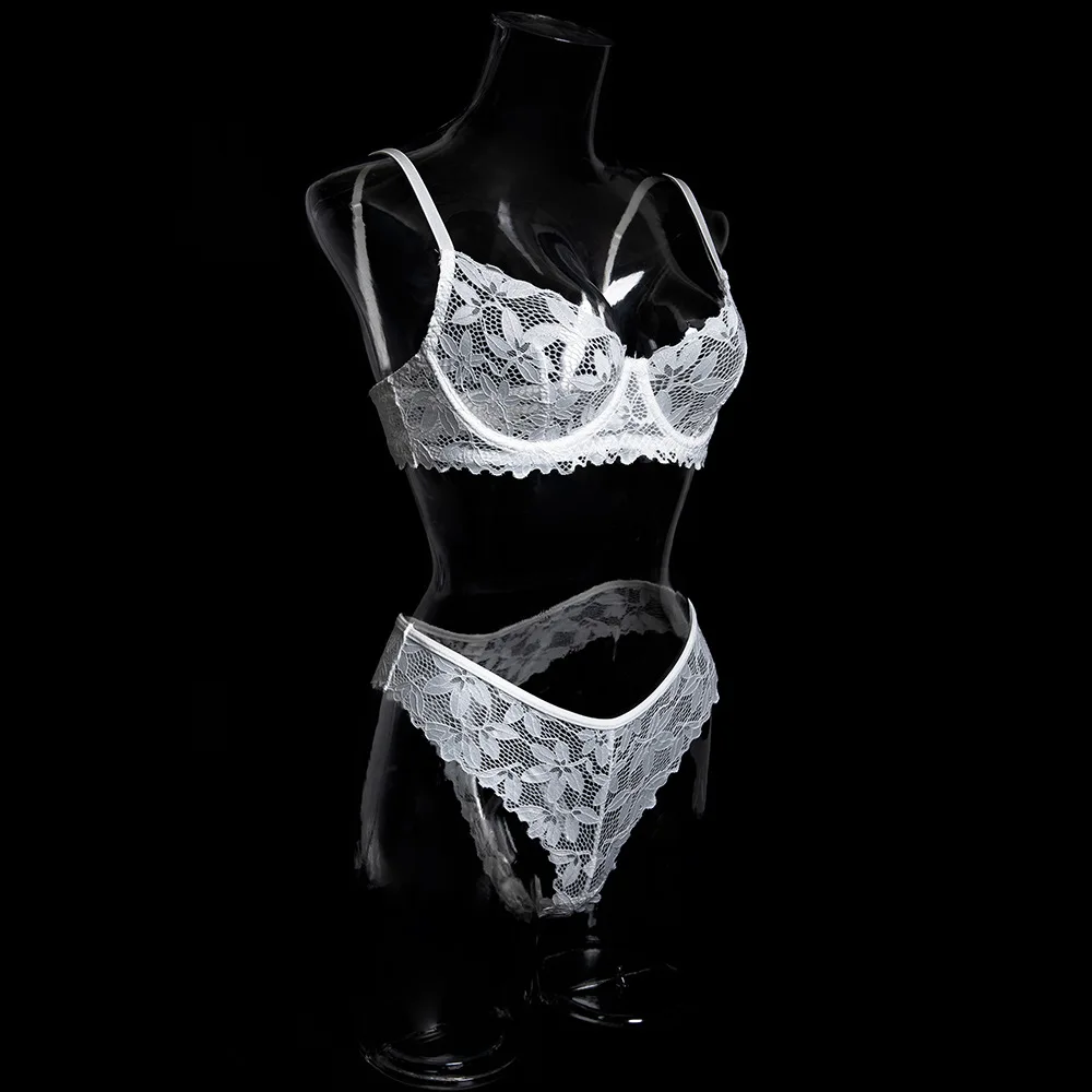 Pure And Temptation Weißes Blumen-Spitzen-BH-Set, durchsichtige transparente Dessous-Unterwäsche für Frauen im süßen Mädchen-Stil. – Detail 8