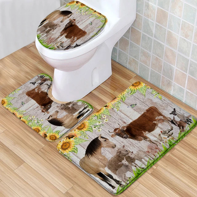 Animals Bath Mat Set Wildlife Farm Cows Yak Dairy cattle Horses Bears Low  Pile Flannel Bath