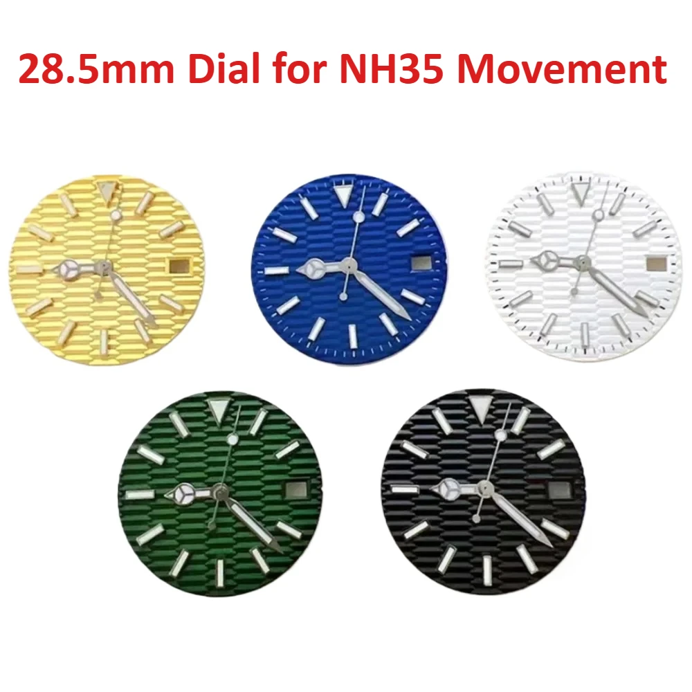 28.5MM Watch Dial+Hands Set Silver Hands Blue Green Luminous for NH35/NH35A/4R/7S Movement Watches Diy Accessories