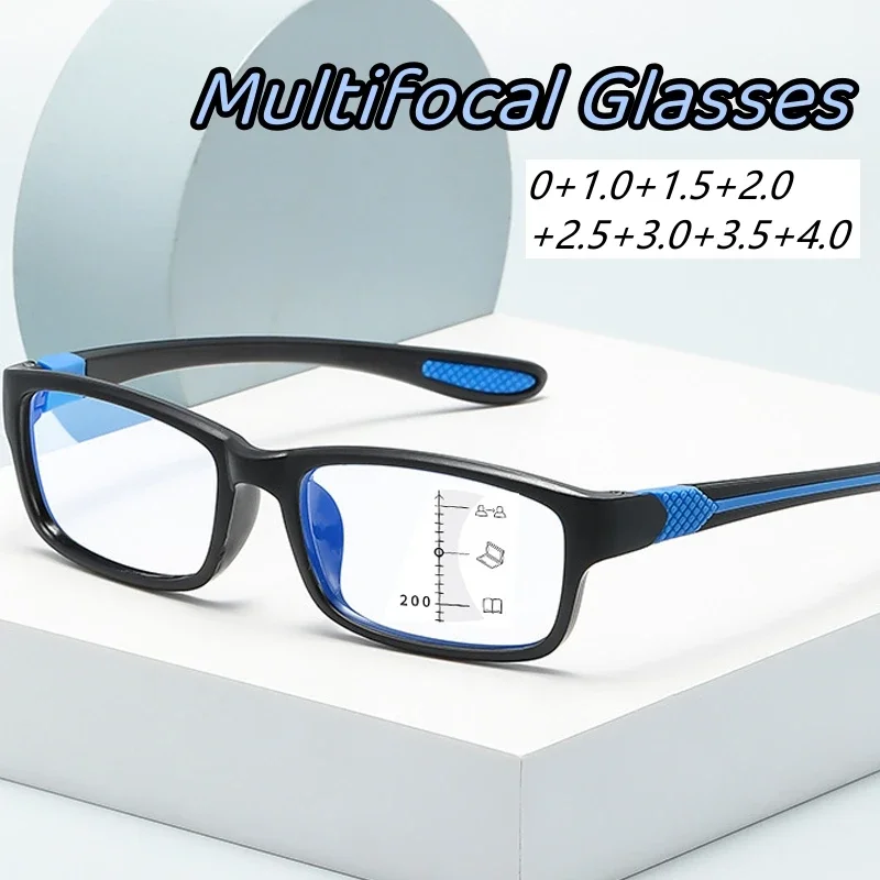 Square Frame Multifocal Reading Glasses Men Women Near and Far Progressive Eyeglasses Vintage Blue Light Blocking Presbyopia