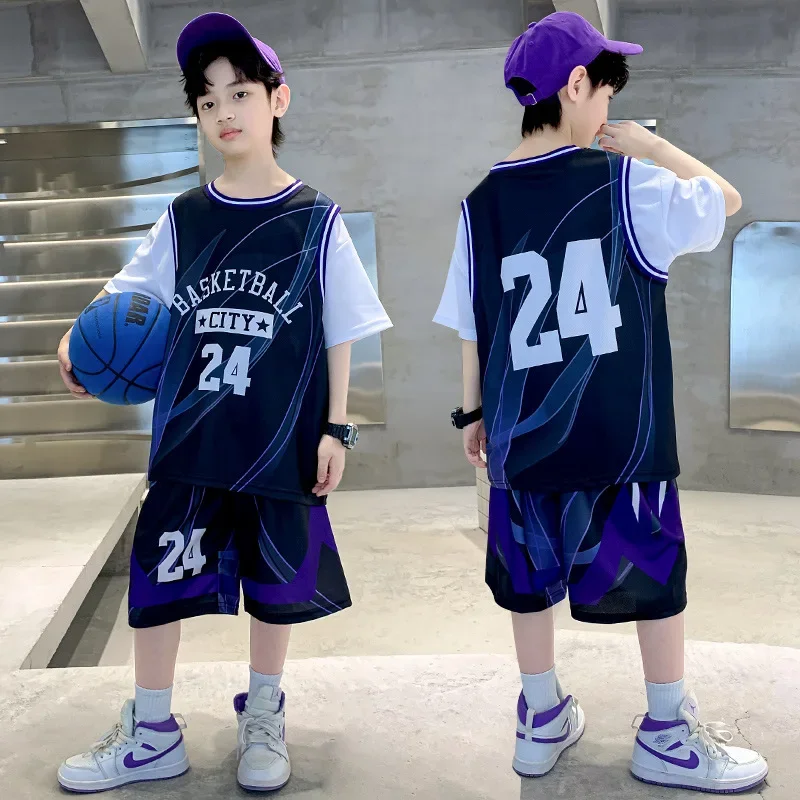 طقم زي كرة السلة للأولاد بأكمام قصيرة ورقيقة سريعة الجفاف ملابس رياضية مجموعة صيفية ملابس أطفال خفيفة الوزن