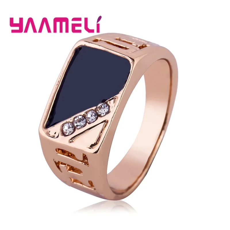 Classic Male Wide Band Ring 925 Sterling Silver Plated White Black Rhinestone Square Statement Hip Hop Jewelry silver rings silver ring silver plated ring