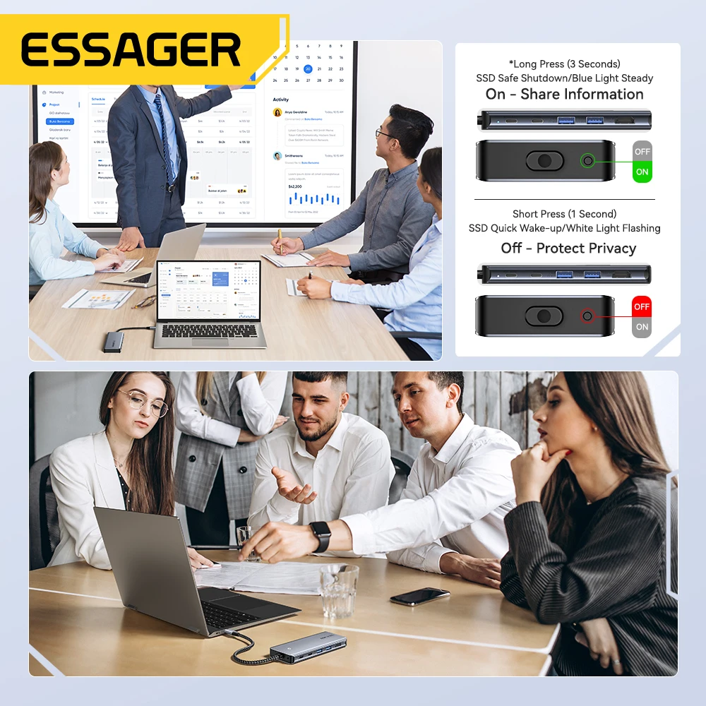 USB Hub Adapter Essager USB C With M.2 SSD Hard Disk Enclosure 6/7 in 1 PD100W USB3.2 10Gbps HDMI USB Type C For Macbook Pro Air PC