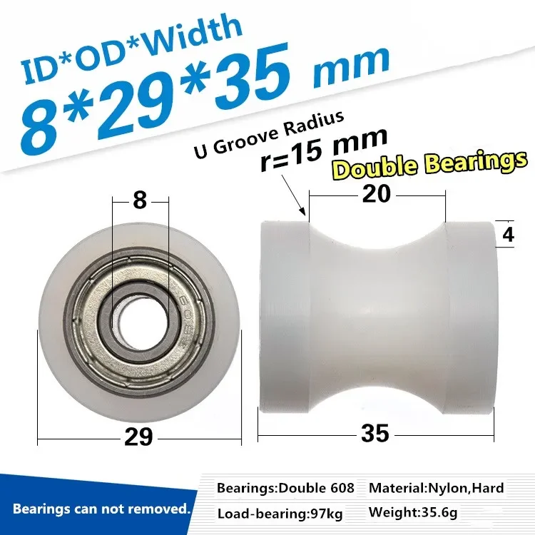 1pc 608z bearing coated pulley rolling wheel CNC nylon machining U slot concave guide wheel roller 6/8 x29 x 35mm nylon bearing pulley