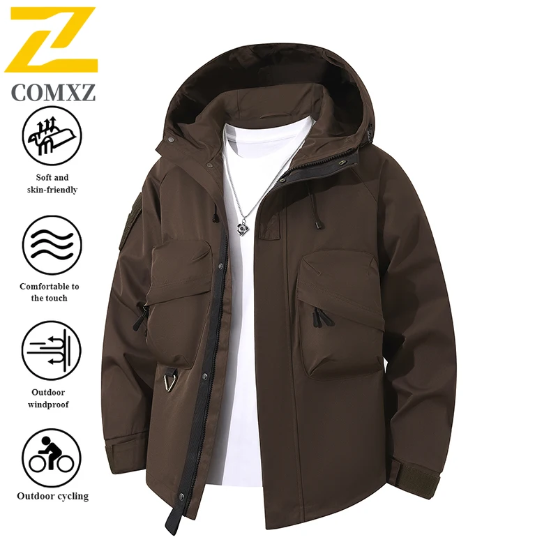 Men's Spring Autumn Workwear Korean Style Jacket Windproof Breathable Hooded Parka with Multi-Pockets for Outdoor Casual Wear