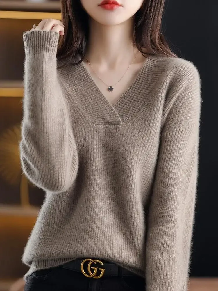 Women Long Sleeve Knitted Sweater V Neck Winter Casual