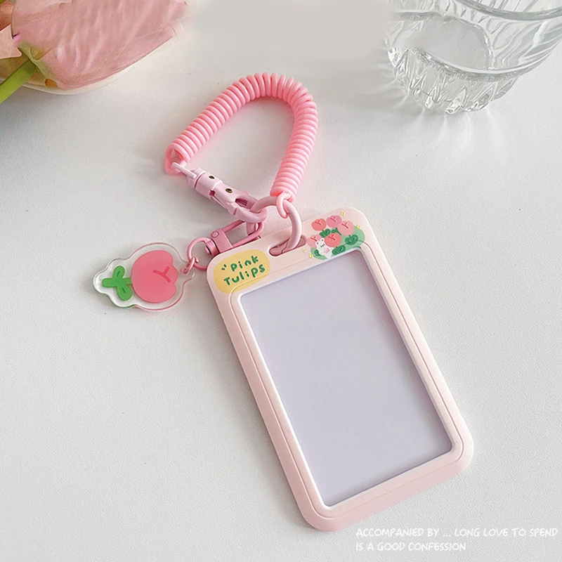 INS Kitten tulip Photocard Holder Cartoon Ins Idols Cards Cover with Keychain Students Card Protectors ID Bank Cards Case acrylic display holder,display case